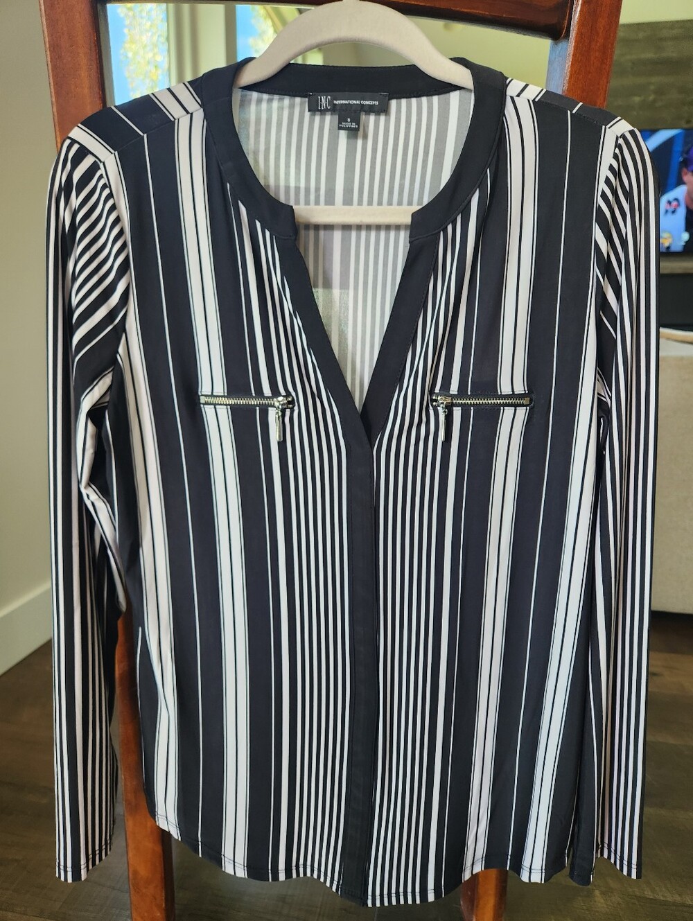 INC International Concepts Black and White Vertical Stripe Zip-Pocket Blouse